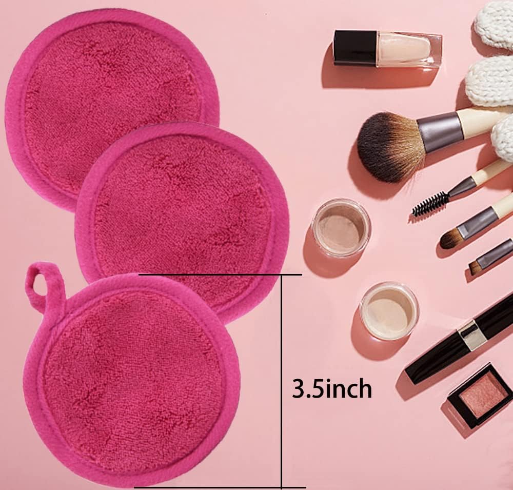 Reusable Makeup Remover Pads 16 Pack Microfiber Cleansing Facial Rounds Wipes Face, Eyes, Lips(3.5inch, dark pink)
