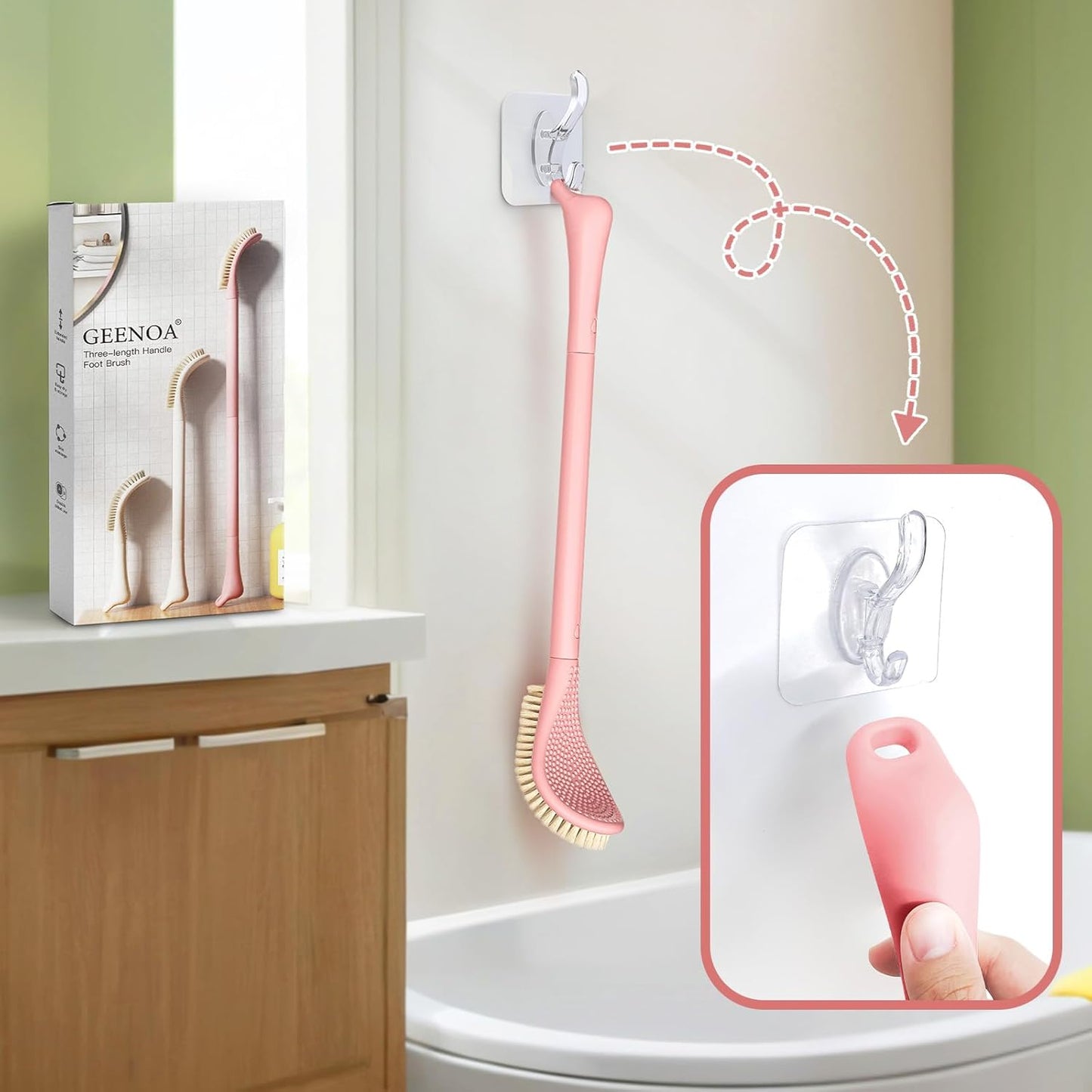 New Foot Brush with Extra-Long Handle, 3-in-1 Foot Scrubber for Wet or Dry Brushing, Adjustable 10.2’’- 27.5’’Foot Scrub Brush for Senior, Pregnant, Disabled, or Injured, Gift-Box Packed(Pink)