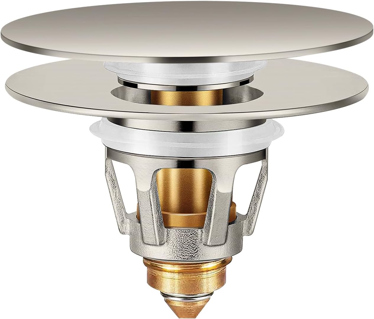 Universal Bathroom Sink Stopper with Hair Catcher, for 1.04-1.97 Inch Drain Hole, Spring Core Bathtub Drain Cover, Pop Up Sink Plug Basin Drain Strainer, Large Lid Brushed Nickel