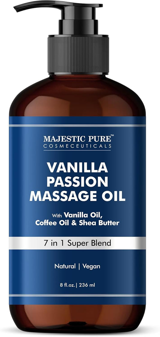 MAJESTIC PURE Vanilla Passion Massage Oil for Massage Therapy - Refreshing, and Relaxing - Natural Oils with Vanilla Oil, Coffee Oil & Shea Butter - for All Skin Types - Men and Women - 8 fl oz