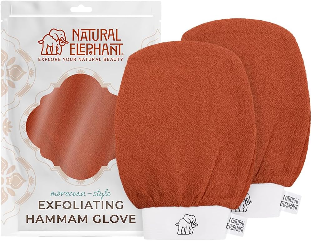 Natural Elephant Exfoliating Hammam Glove | Authentic Moroccan Kessa Body Scrub Mitt for Spa-Quality Skin Renewal | Burnt Orange 2 Pack