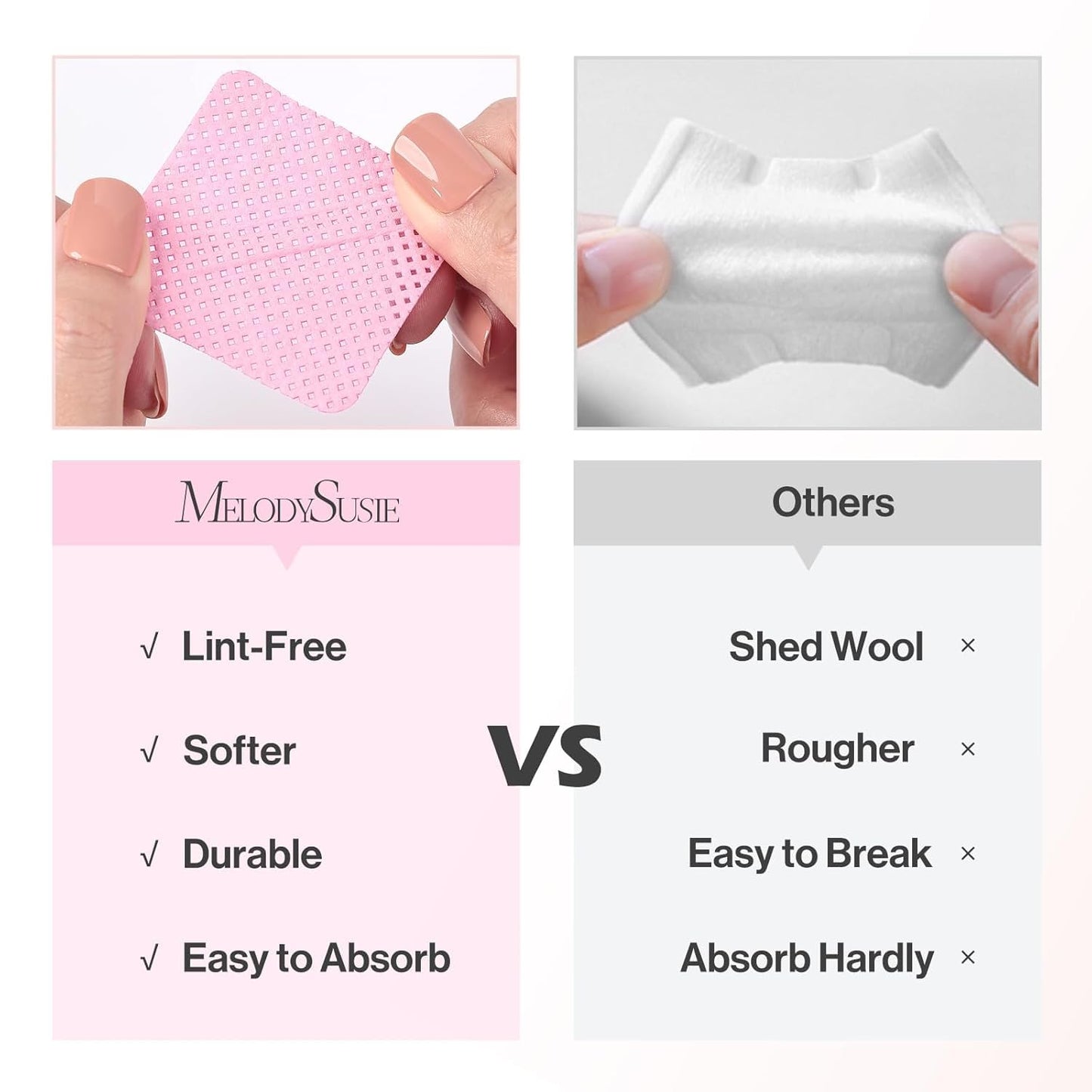 MelodySusie 600Pcs Lint Free Nail Pink Wipes Super Absorbent Soft Non-Woven for Fingernail Polish Remover and Eyelash Extension Wipes for Nail Art