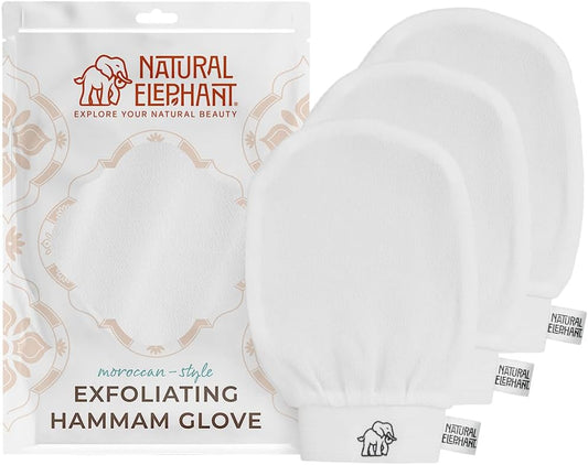 Natural Elephant Exfoliating Hammam Glove | Authentic Moroccan Kessa Body Scrub Mitt for Spa-Quality Skin Renewal | Pearl White 3 Pack