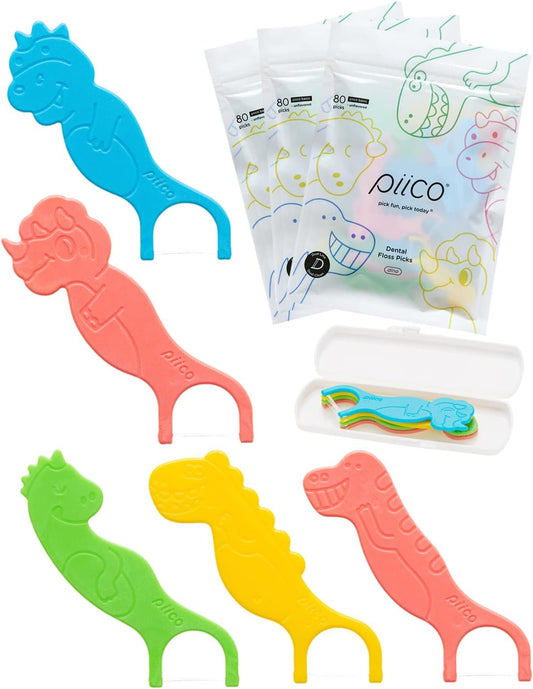 Piico Unflavored Kids Floss - No Fluoride Dual Line Dental Floss Picks - Fun Oral Care in Colorful Floss Sticks Design - Kids Flossers Prevent Tooth Decay & Gum Disease - 240 Count Dino & Travel Case