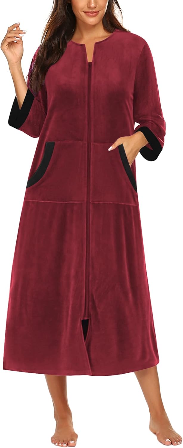 Ekouaer Women Zipper Robe 3/4 Sleeves Loungewear Dress Full Length Sleepwear Pockets Housecoat Nightgown Long Bathrobe