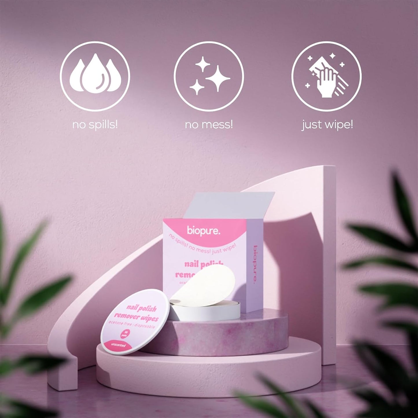 Biopure Nail Polish Remover Wipes Acetone-Free & Non-Toxic – Quick & Easy Nail Polish Removal, Travel-Friendly Disposable Pads w/Sealable Jar (90 Count, Unscented)