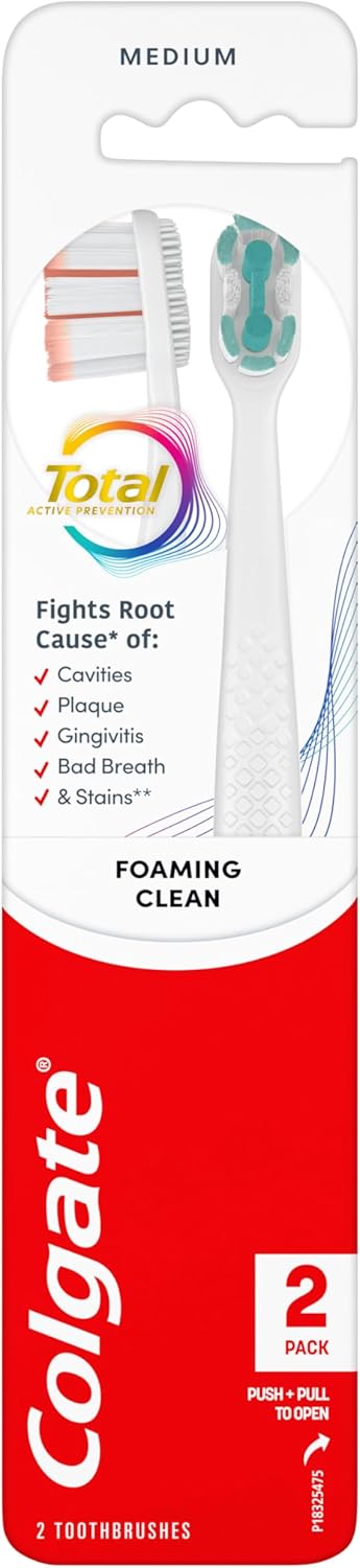 Colgate Total Active Prevention Foaming Clean Medium Toothbrushes, Medium Bristle Toothbrush Pack for Plaque Removal, Helps Reach Deeper Along The Gumline and Between Teeth, White, 2 Pack