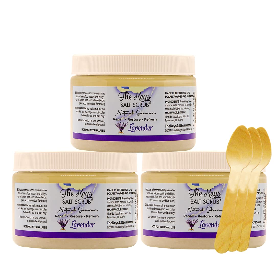 The Keys Salt Scrub -Sea Salt Scrub - Exfoliating Body Scrub with Wooden Spoon - Moisturizing Exfoliator for Hands, Foot, Bath, (12 Ounce (Pack of 3), Lavender)