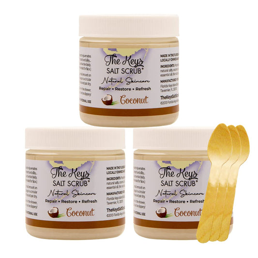The Keys Salt Scrub -Sea Salt Scrub - Exfoliating Body Scrub with Wooden Spoon - Moisturizing Exfoliator for Hands, Foot, Bath, (3.4 Ounce (Pack of 3), Coconut)