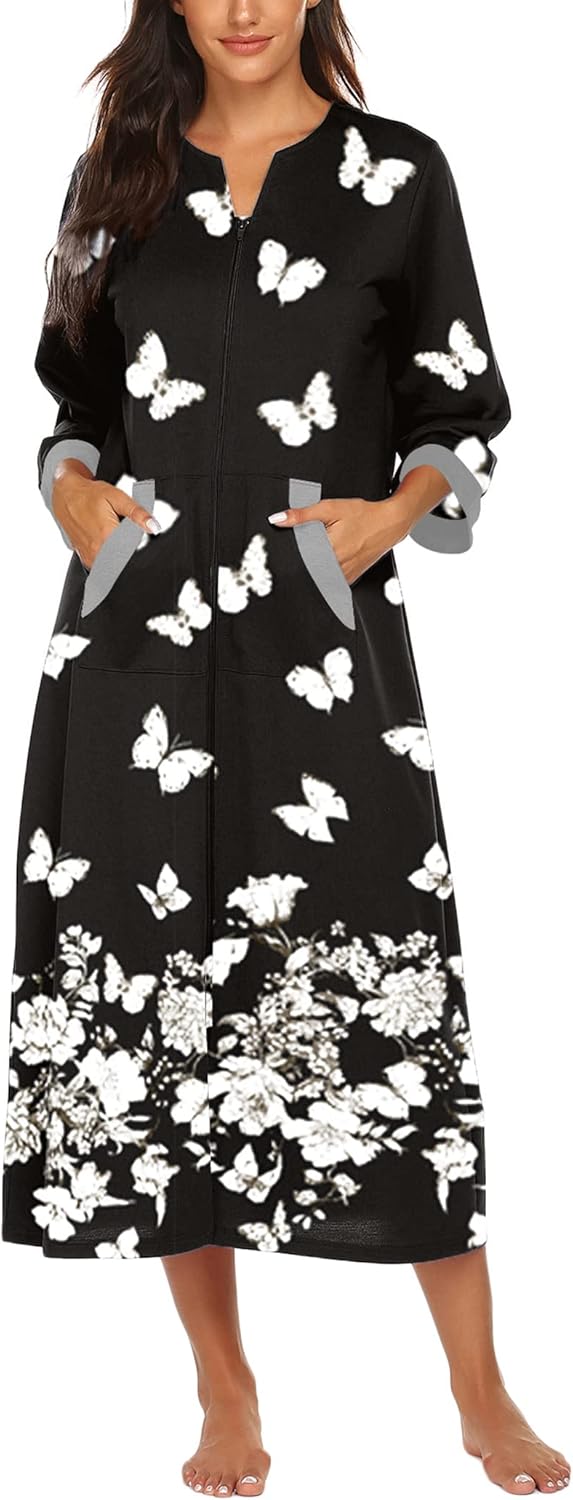 Ekouaer Women Zipper Robe 3/4 Sleeves Loungewear Dress Full Length Sleepwear Pockets Housecoat Nightgown Long Bathrobe