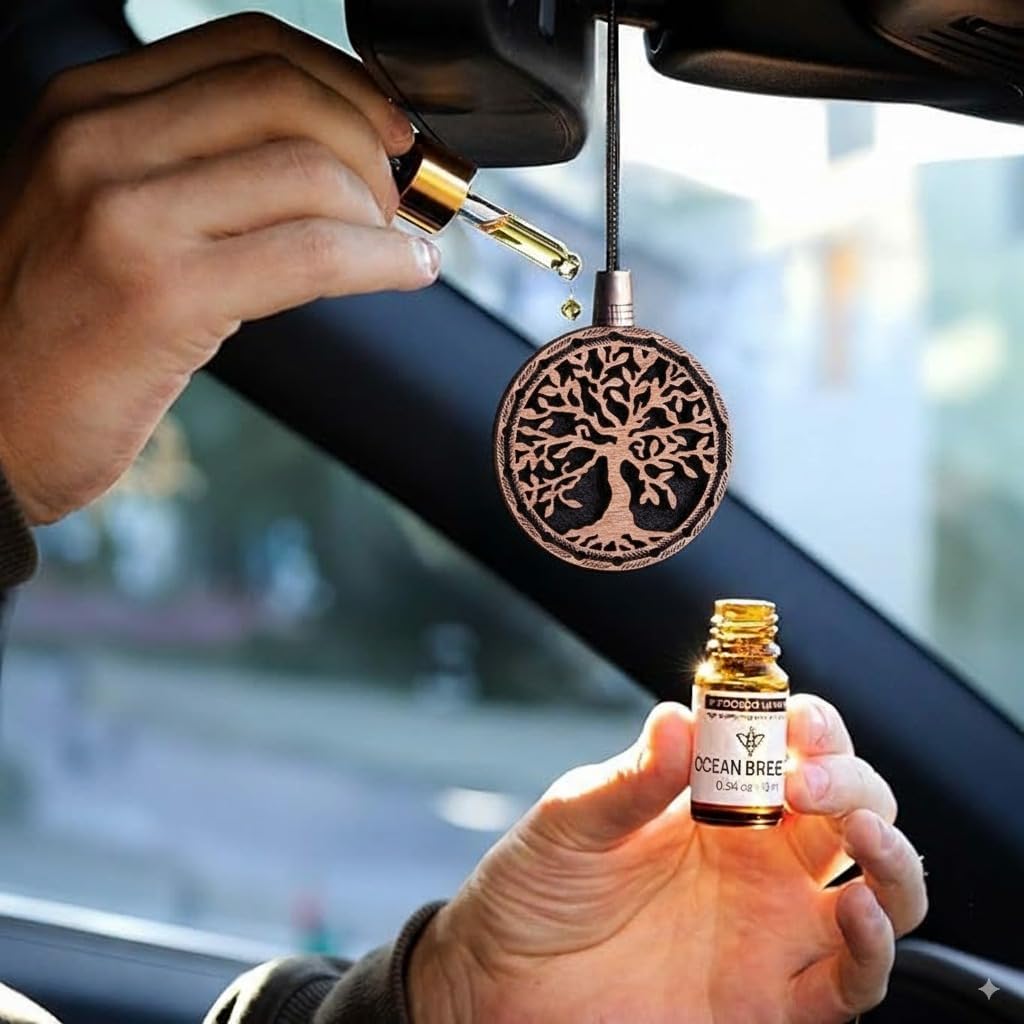 Wood Car Air Freshener — Handmade Car Air Freshener — Tree Of Life Designed Fragrance Oil Diffuser in Wooden Gift Box — Aromatherapy Gift Set with Ocean Breeze Fragrance Oil - 10 ml