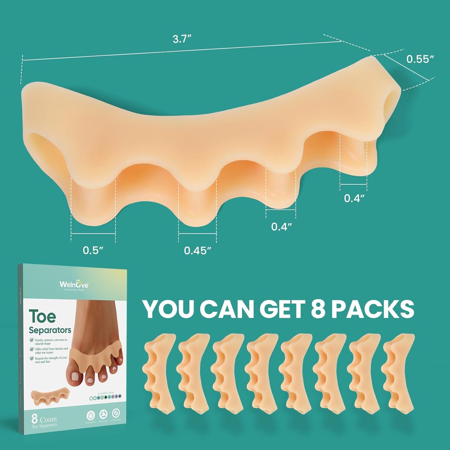 Welnove Toe Separators Bunion Corrector - Toe Spacers for Men Women to Correct Bunions and Relieve Foot Pain - Silicone Toe Spacers for Toe Overlapping Hammertoe Yoga Practice - Beige,8 Pack