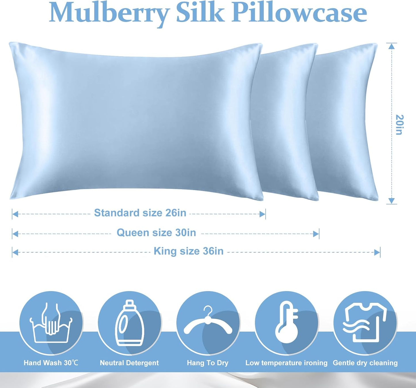 2 Pack 100% Pure Silk Pillowcase for Hair and Skin, Both Sides Mulberry Silk Pillowcases with Hidden Zipper, Cooling Pillowcase 19 Momme, 600 Thread Silk Pillow Cases Standard Size, Light Blue