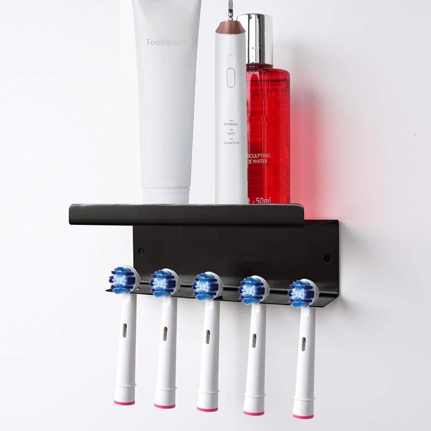 Wall Mounted Toothbrush Holder for Bathroom Shower, 5 Slots Aluminum Self-Adhesive Tooth Brush, Toothpaste Organizer Hanger Compatible with Colgate Extra Clean, Oral-B CrossAction, etc Black
