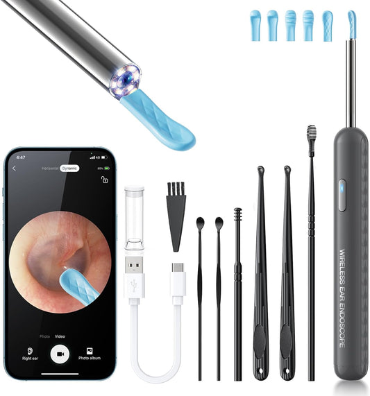Ear Wax Removal, Ear Cleaner with Camera and Light, Ear Wax Removal Kit with 8 Pcs Set, Ear Wax Removal Tool Camera with 1080P, Ear Cleaning Kit with 6 Spoons, Ear Camera for iOS & Android (Gray)