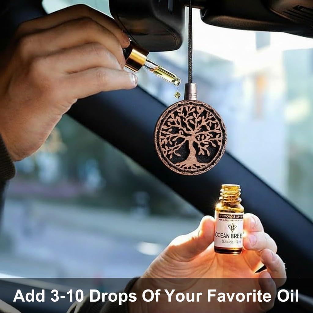 Wood Car Air Freshener — Tree Of Life Handmade Unscented DIY Essential Oil Hanging Diffuser with Felt Insert — Add Your Own Oils — Refillable — Car/Truck/SUV — Cardboard Box