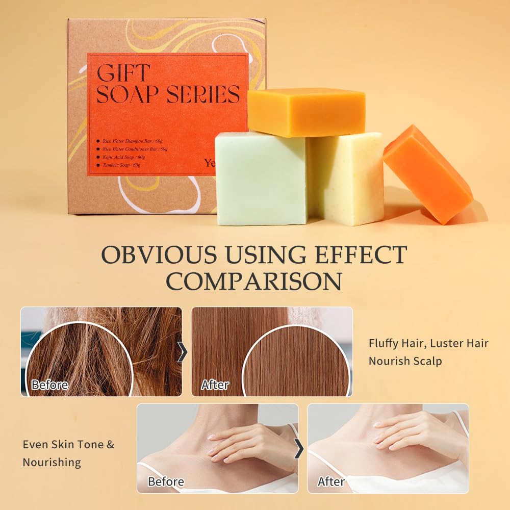 Turmeric Soap Bar and Rice Water Shampoo Conditioner Bar Set,Kojic acid for Body,Face and Hair,Deep Cleansing,Travel Toiletries,Spa Gifts For Women