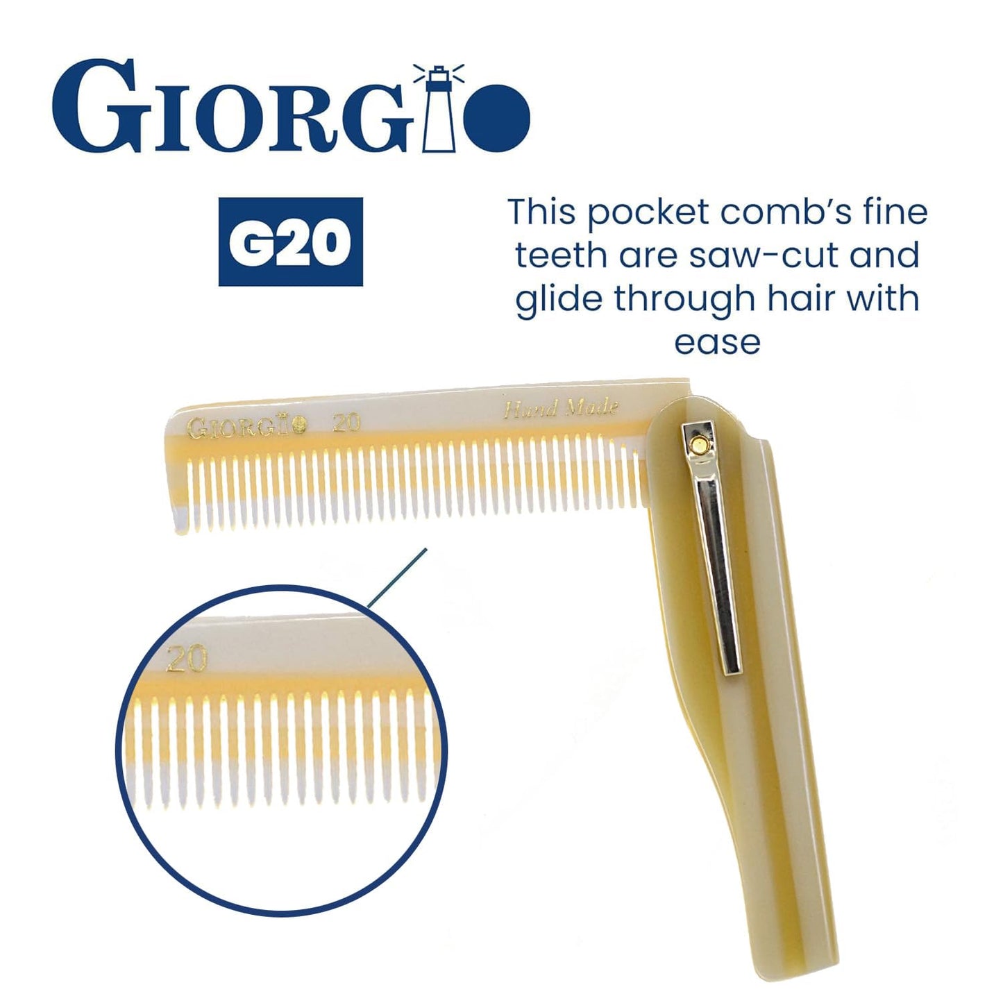 Giorgio G20 IVY Folding Fine Tooth Mustache and Beard Comb 6.5 Inches - Sawcut and Hand Polished Ivory Styling and Travel Comb for Everyday Hair Care