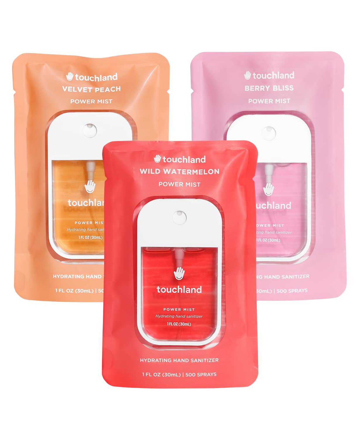 Touchland Power Mist Hydrating Hand Sanitizer Spray, JUICY Trio Set (Watermelon, Peach, Berry), 1 FL. OZ. Travel Size (Set of 3)