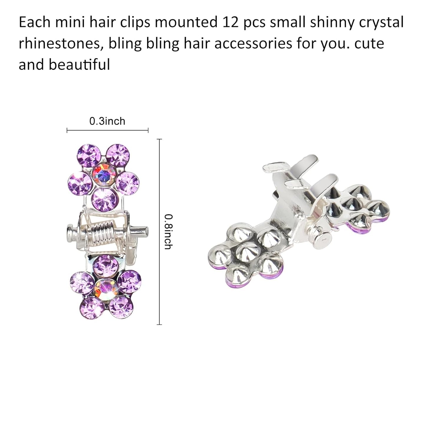 65PCS Mini Purple Flower Hair Clips with Rhinestone Mini Glitter Teeth Rhinestone Flower Hair Accessories No-Slip Grip Metal Jaw Clamps for Girls Women (Silver-Purple Crystal)