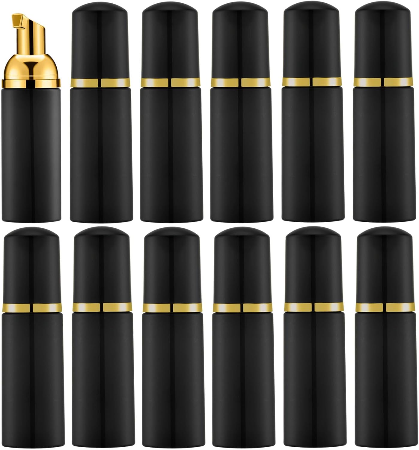 KOIBITO 2 Oz Black Foam Soap Bottle with Gold Pump Empty Travel Foaming Dispenser for Hand Soap,Lash Shampoo,Body Wash(12 PCS, Black Cap)