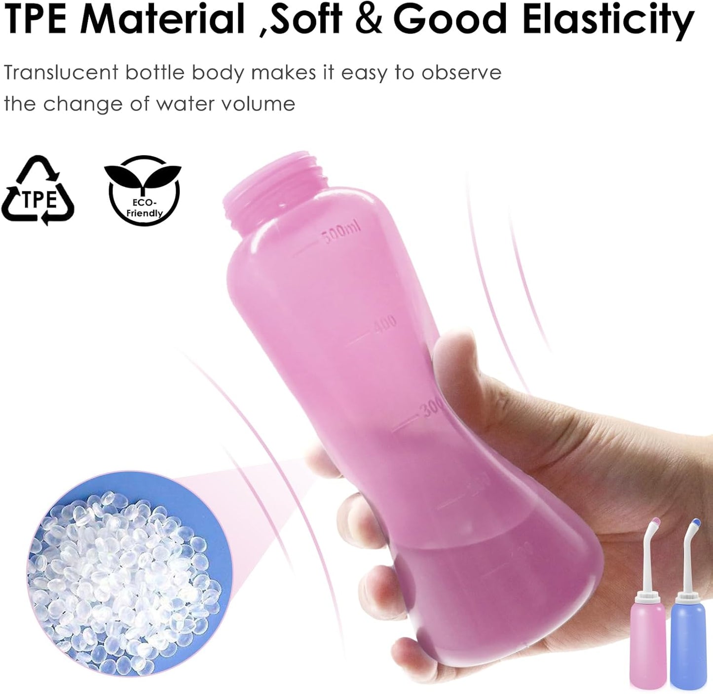 RUFCRIL Peri Bottle, 2-Pack Portable Travel Bidet with Bag, TPE Material Can Be Boiled, 17oz/500ml with 2 Sealing Rings,Essentials for Postpartum Perineal Care,Hemorrhoid Treatment,and Baby(Pink/Blue)