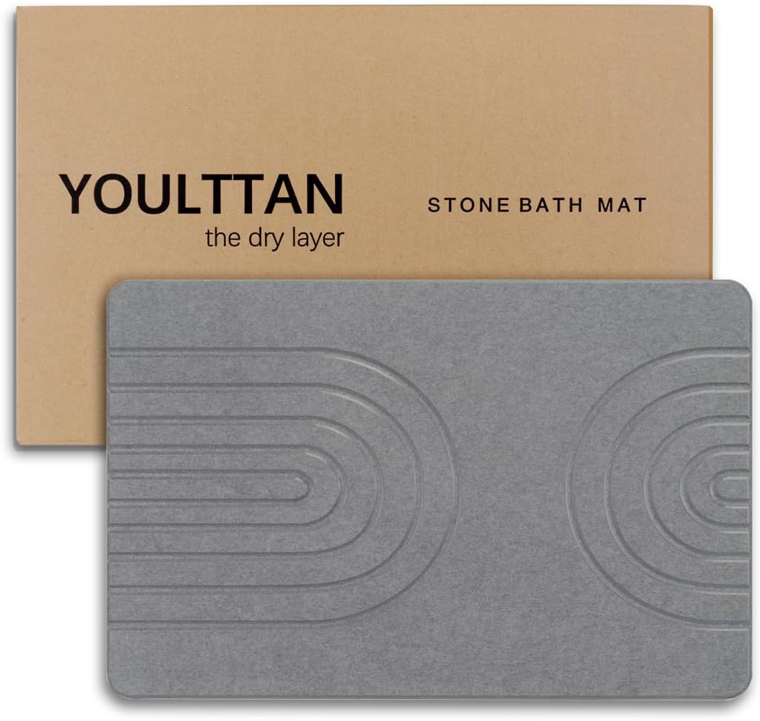 Stone Bath Mat 24"x16" - Diatomaceous Earth Shower Mat, Quick Dry, Anti-Slip, Modern Design with Bonus Non-Slip Pad - Perfect for Home Safety and Style, (Gray,Semicircle)