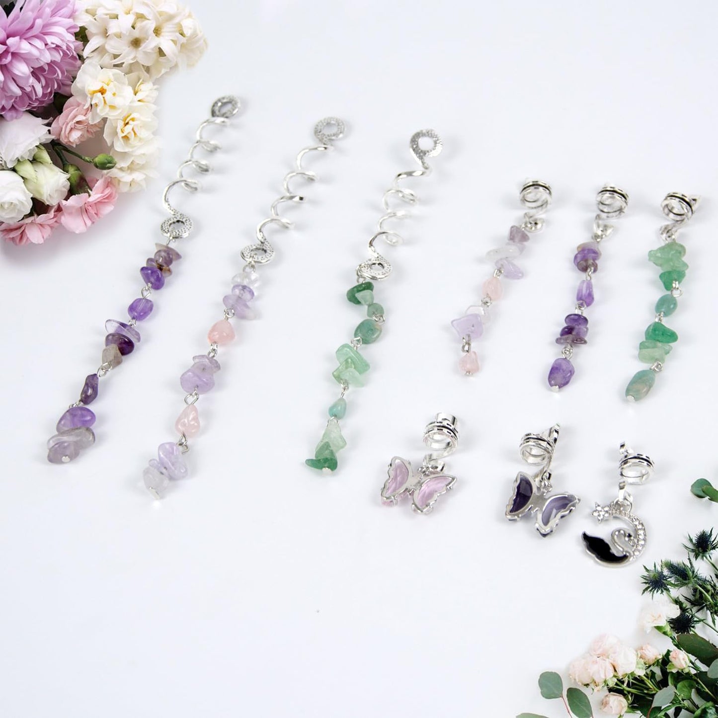 Hair Jewelry for Braids 44 Pcs Natural Colored Crystal Stone Hair Braid Accessories Metal Hair Charms Silver Loc Dreadlock Spirals Cuffs Rings Light Weight Hair Charms for Women