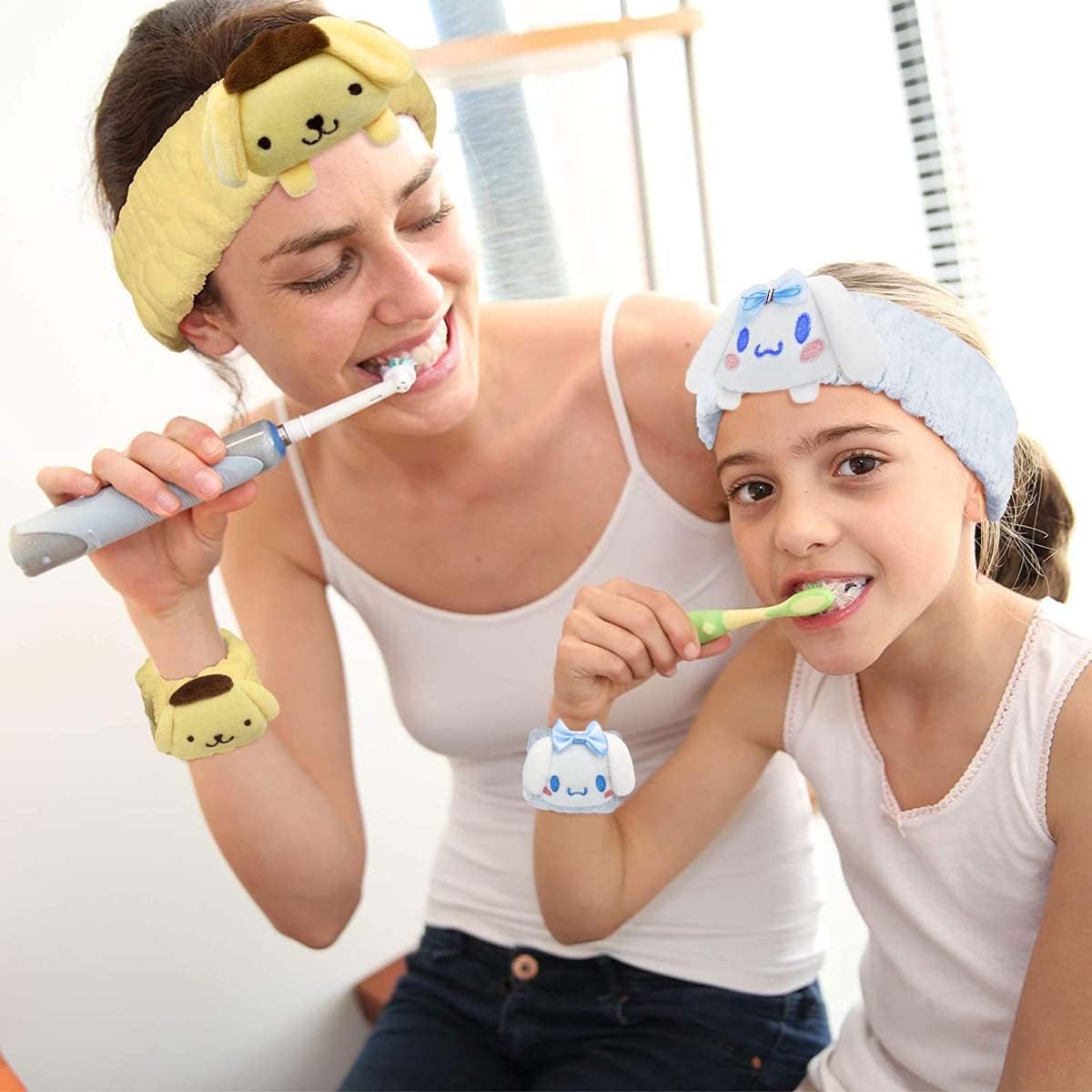 Kawaii Spa Headband and Wristband Set for Face Washing, Cute Soft Skincare Headbands for Women Girls, Fluffy Makeup Headband for Washing Face, Bath, Shower, Beauty