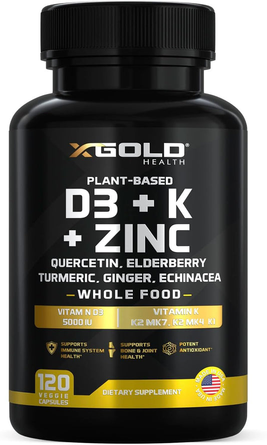 Vitamin D, K2, K1, Zinc, Quercetin, Elderberry, Turmeric, Ginger & Echinacea Whole Food Supplement 8 in 1- D3 5000 IU Plant-Based from Lichen, Vitamin K (K2 MK7, MK4, K1), D3 K2 Vitamins -120 Capsules