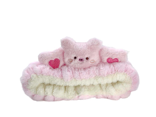 Kawaii Spa Headband - Cute Bear Design for Women's Skin Care, Makeup and Wash - Soft Microfiber Coral Fleece Towel for Girls Hair (Pink, Bear)