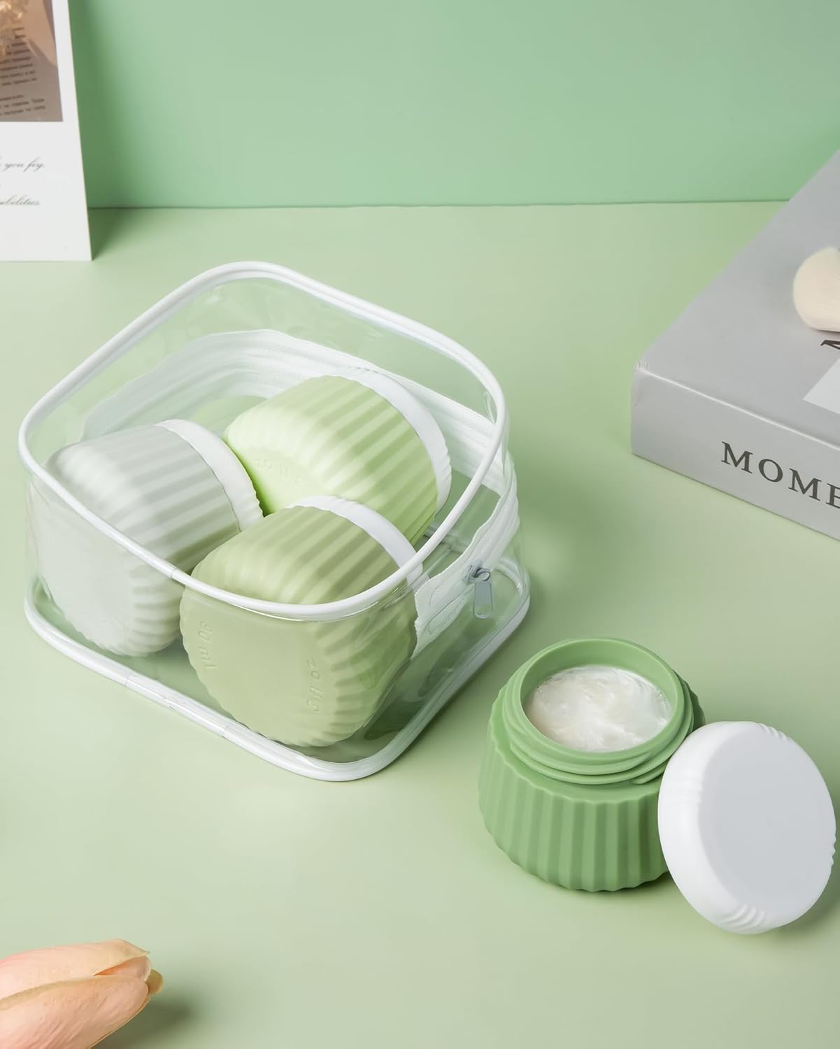 Travel Containers for Toiletries 4 Pack, TSA Approved Travel Size Toiletries, With Clear Bag Leak Proof Silicone Jars, Creams Jars Carrying Small Items