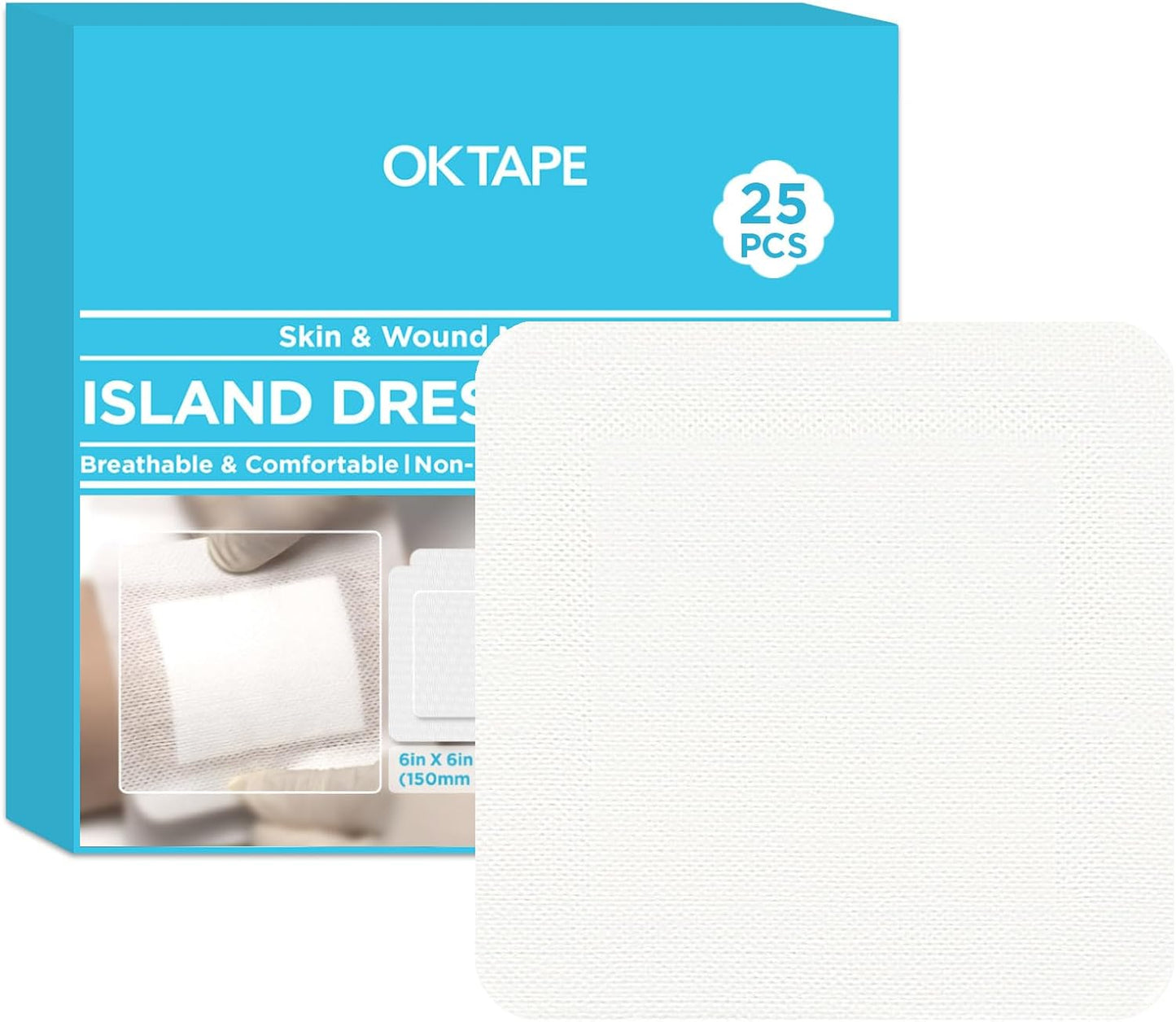 OK TAPE Bordered Gauze Island Dressing 6"x6",25 Count Wrapped Gauze Pads,Non-Woven Sterile Wound Dressing with Highly Absorbent Pad,Soft and Breathable Bandages for Wounds, First Aid