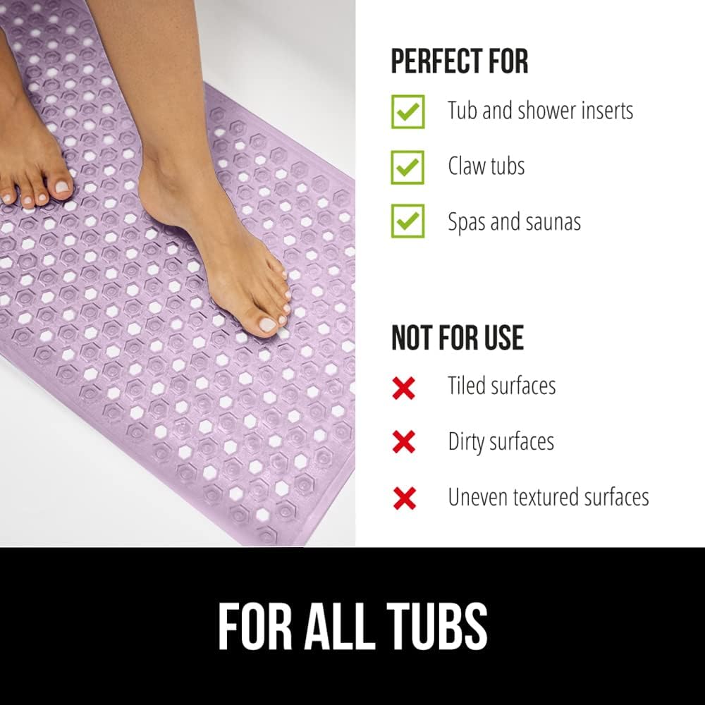 GORILLA GRIP Patented Bath Tub Shower Mat, Machine Washable Bathtub Floor Liner Mats, Suction Cups and Drain Holes to Keep Tubs Clean, Soft on Feet, Bathroom Essentials, 35x16 Inch, Clear Purple