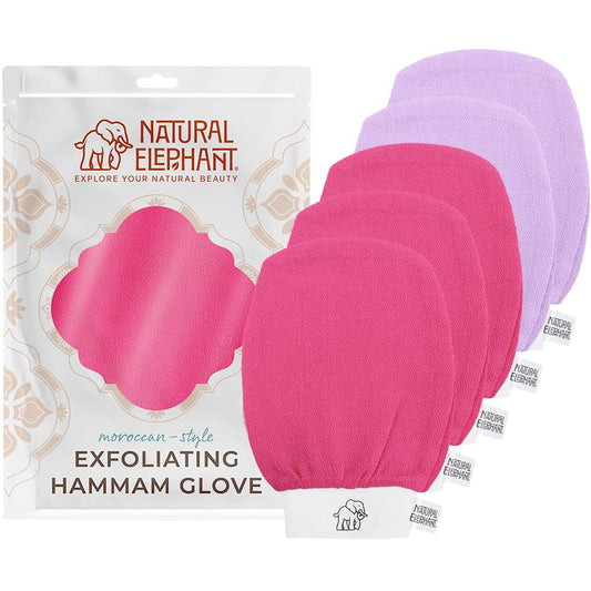 Natural Elephant Exfoliating Hammam Glove - Face and Body Exfoliator Mitt 5 and 10 Packs (3 Pink, 2 Lilac (Pack of 5))