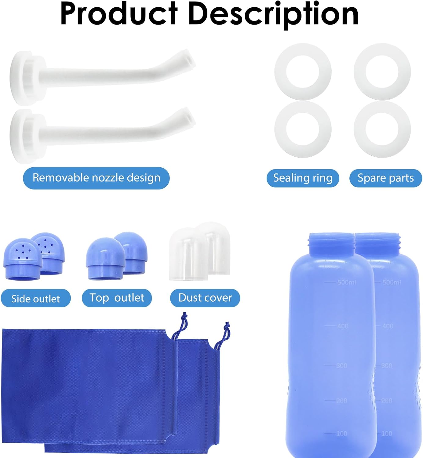 RUFCRIL Peri Bottle, 2-Pack Portable Travel Bidet with Bag, TPE Material Can Be Boiled, 17oz/500ml with 2 Sealing Rings,Essentials for Postpartum Perineal Care,Hemorrhoid Treatment,and Baby(Blue)