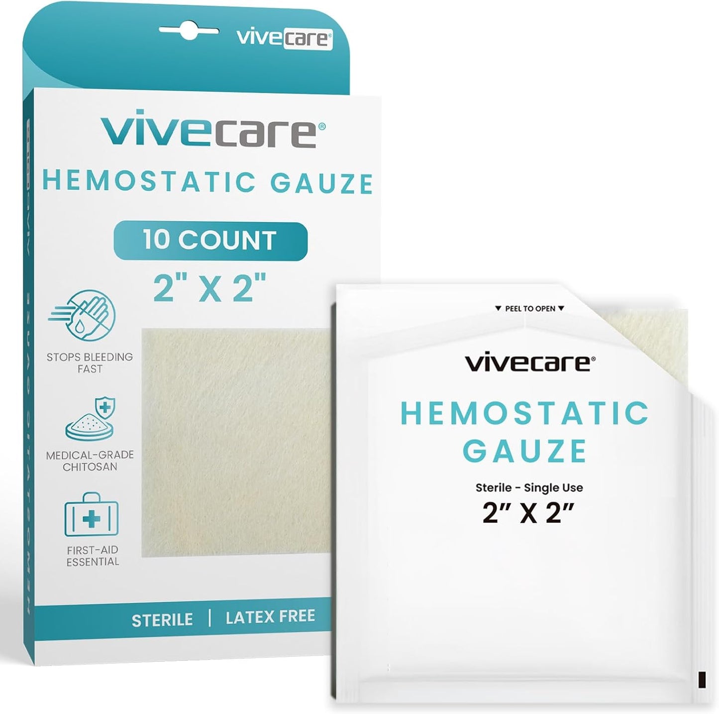 ViveCare Hemostatic Gauze (2"x2") - Quick Clot Dressing to Stop Bleeding - Wound Clotting Bandage Pads for First Aid Kit - Healing for Cuts, Abrasions, Lacerations - Product Made with Chitosan