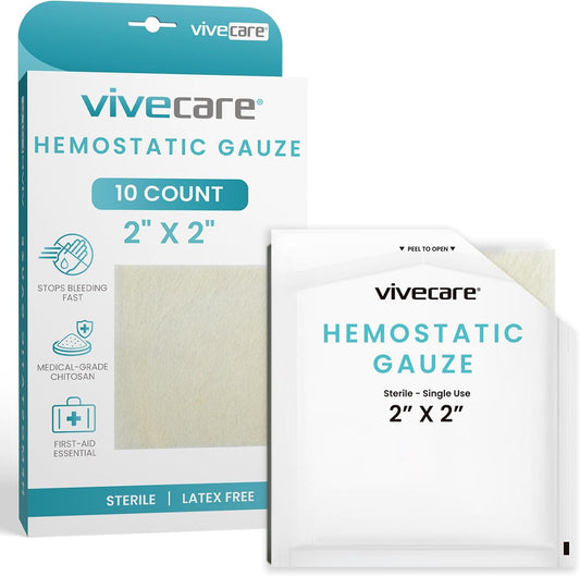 ViveCare Hemostatic Gauze (2"x2") - Quick Clot Dressing to Stop Bleeding - Wound Clotting Bandage Pads for First Aid Kit - Healing for Cuts, Abrasions, Lacerations - Product Made with Chitosan