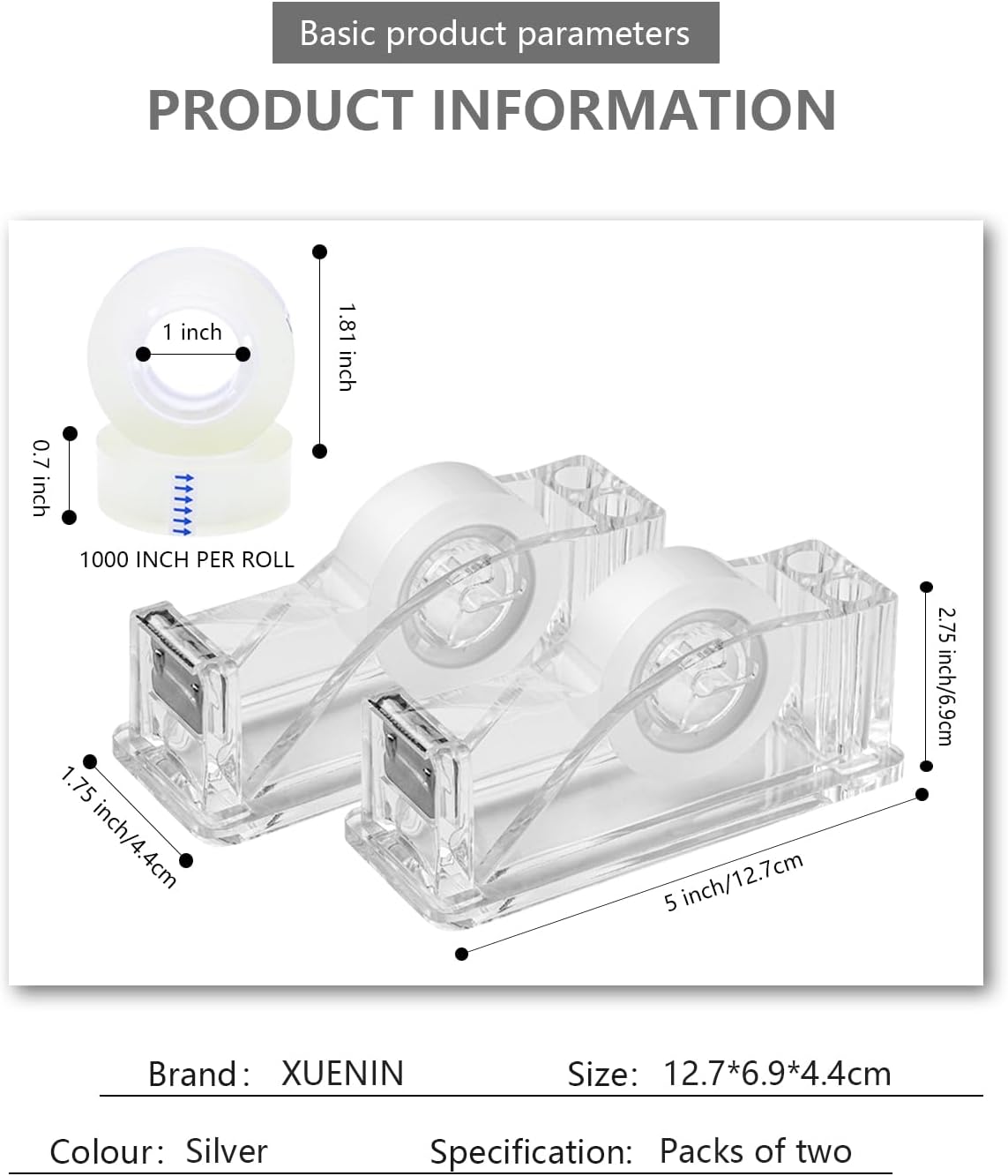 2-Piece Acrylic Tape Dispenser Desk - Durable, Stylish, and Versatile for Home, Office, or School - Fits Standard Tape Rolls - Desktop Convenience for Easy Organization(Silvery)