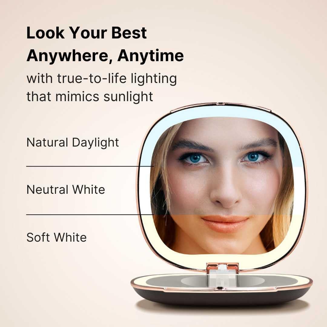 Fancii Mila 2 Compact Magnifying Makeup Mirror with LED Light, Rechargeable, 10x /1x Magnification, Tru-Glow Lighting System, Vegan Leather, Small Travel Mirror for Purses (Midnight Majesty)