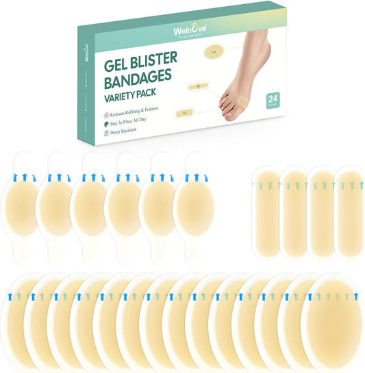 Welnove Gel Blister Bandage - 24 PCS Hydrocolloid Bandages for Prevention & Recovery, Blister Cushions for Heel, Toes & Foot, Blister Bandages for High Heels, Sandals, Wedding, Party (Variety Pack)