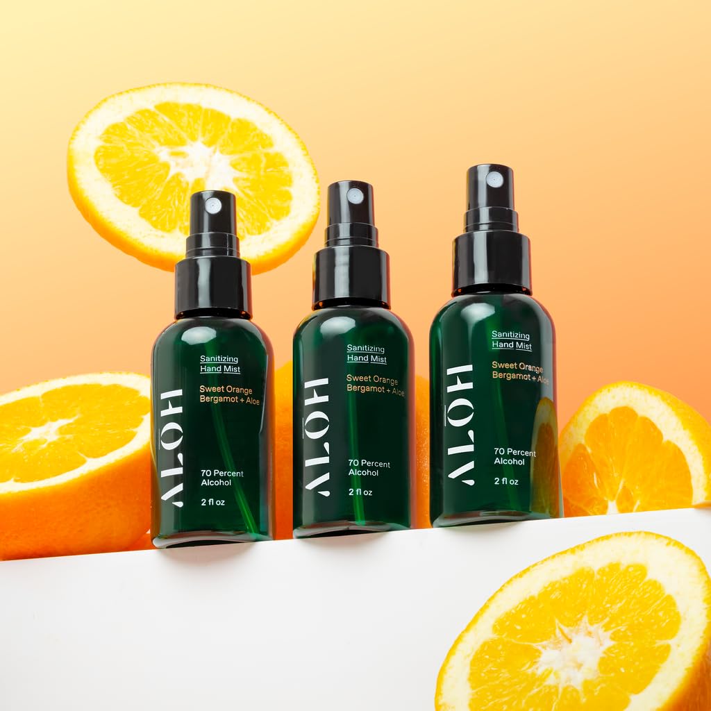 ALOH Hand Sanitizer Spray Liquid 3-pack | Sweet Orange Bergamot + Aloe | 70% Alcohol Hydrating Hand Sanitizer Spray with Essential Oil, for Kids & Adults | 2oz Travel Size Bottle (set of 3)