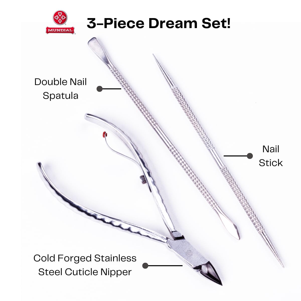 Mundial Nail Care 3 Piece Set - Professional Stainless Steel Cuticle Nippers with Double Nail Spatula and Pusher, Manicure, and Pedicure Trimmer Kit