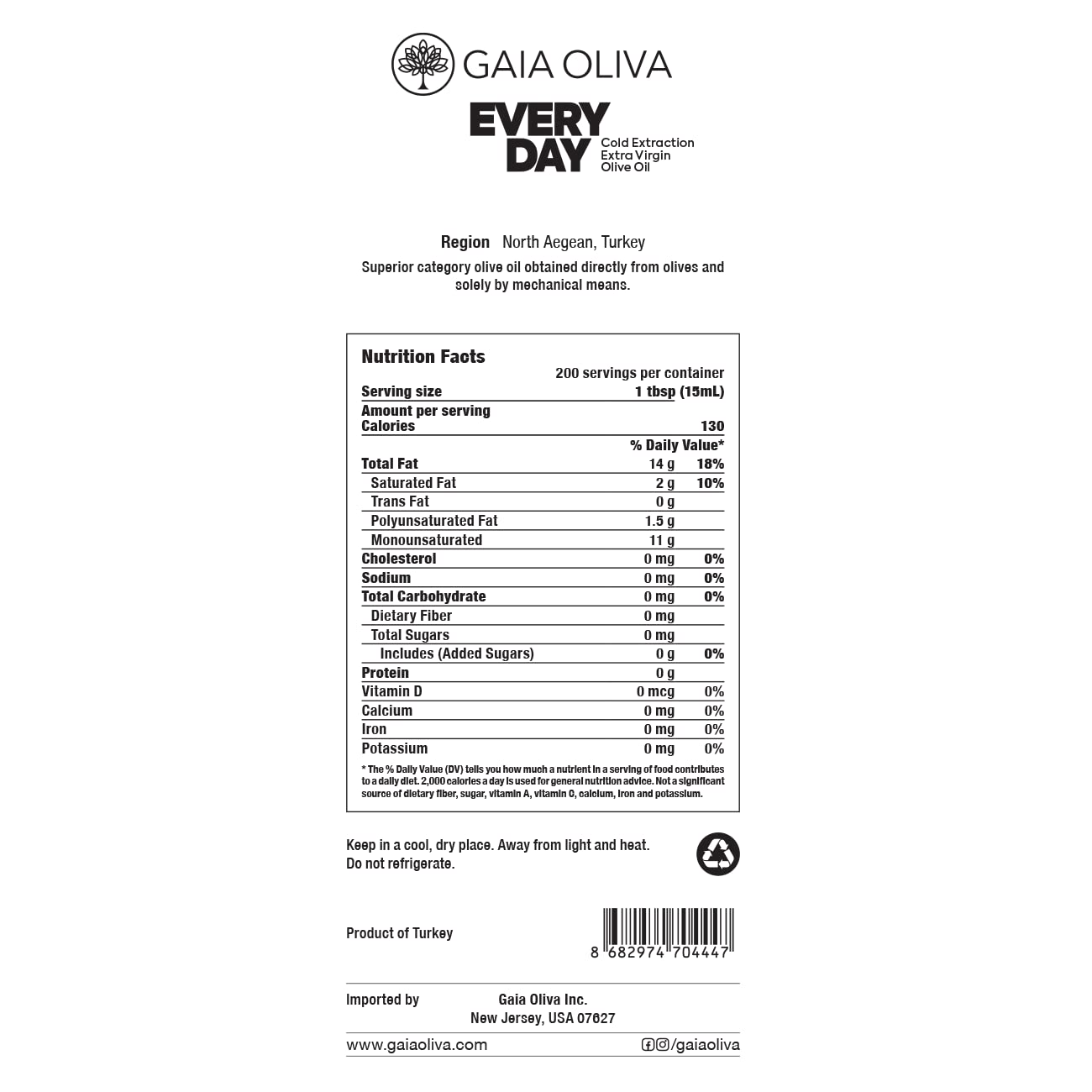 Gaia Oliva Everyday Extra Virgin Olive Oil, Cold Pressed, Single Origin, Kosher, Delicate, Smooth Fruity Flavor, 2022 Harvest Olive Oil Tin 3 Liter