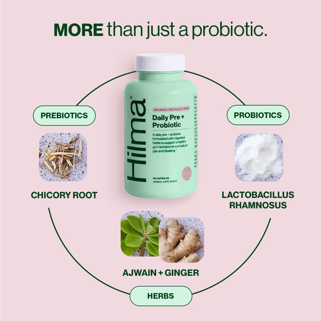 Hilma Pre and Probiotic with Herbs - Support Gut Health with Prebiotics and Probiotics, Plus Gas and Bloating Relief for Women & Men, 60 Vegan Capsules