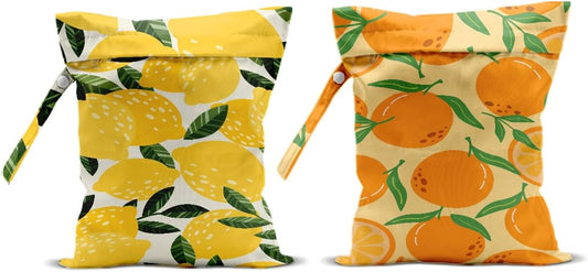 2Pcs Lemon Orange Print Wet Bags, Wet Dry Bag Reusable for Swimsuit, Travel, Diapers, Beach, Dirty Yoga Gym Clothes, Toiletries, Makeup Bag, Waterproof Birthday Christmas Gifts