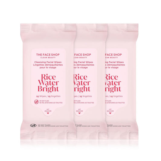 THE FACE SHOP X GLAMZILLA Rice Water Bright Cleansing Wipes On-the-Go Bundle for Face, Moisturizing, Infused with Rice Extract, Cleansing Facial Wipes, 25 Count (Pack of 3)