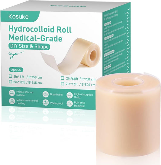 2in*16ft Hydrocolloid Roll for Wound Care,Large Hydrocolloid Bandages Patch with Self-Adhesive Waterproof Ultra Absorbent Flexible DIY Size & Shape First Aid Kit Essential