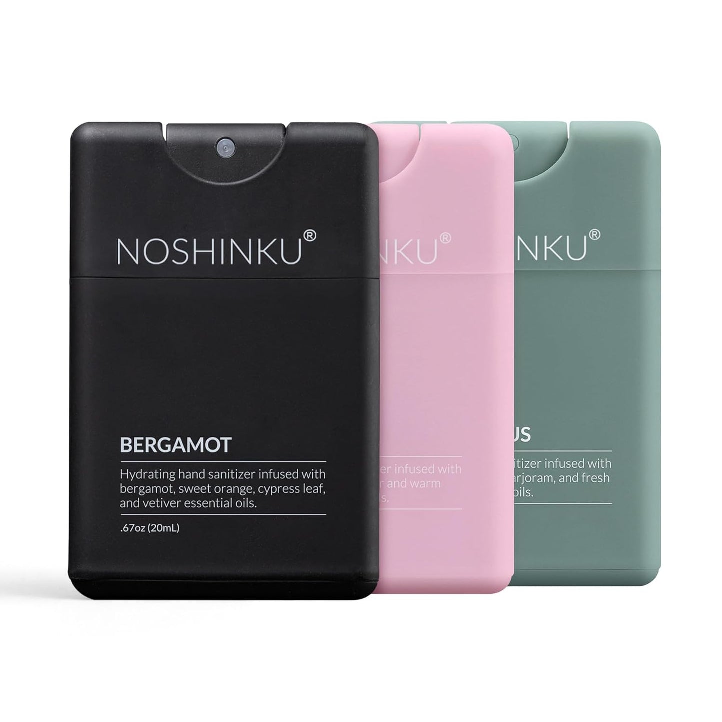 Noshinku - Refillable Hand Sanitizer Discovery 3-Pack, Travel Size Spray with Hydrating Botanical Oils, Natural Ingredients, All Natural Fragrances, Sugarcane Derived Alcohol, No Parabens, No Dyes