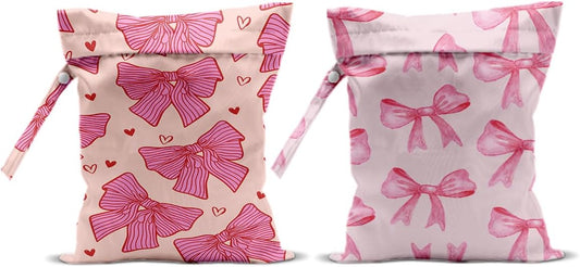 2Pcs Pink Bow Wet Bags 12x10 Inch, Heart Waterproof Travel Laundry Bags, Washable Reusable Wet Dry Bag for Swimsuit Pool Beach Diapers Dirty Yoga Gym Clothes, Pink Gifts for Women Friend Travelers